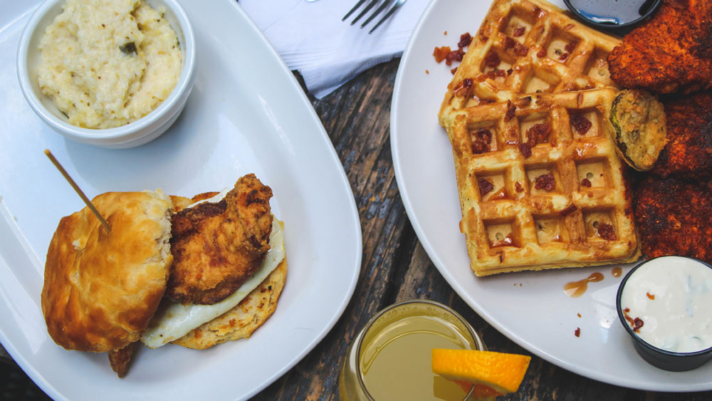 Chicken Biscuit and Chicken and waffles from brunch at Cypress Street Pint & Plate in Midtown, Atlanta